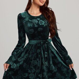 Tied Flower Print Round Neck Flounce Sleeve Dress